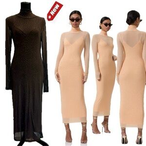 AFRM Los Angeles dark brown Shailene crystal Rhinestone embellished mesh Dress L